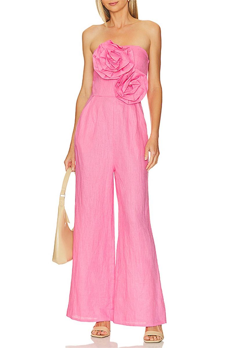 3D Flower Off-Shoulder Solid High Waist Jumpsuit