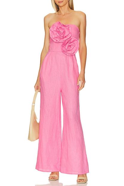 3D Flower Off-Shoulder Solid High Waist Jumpsuit