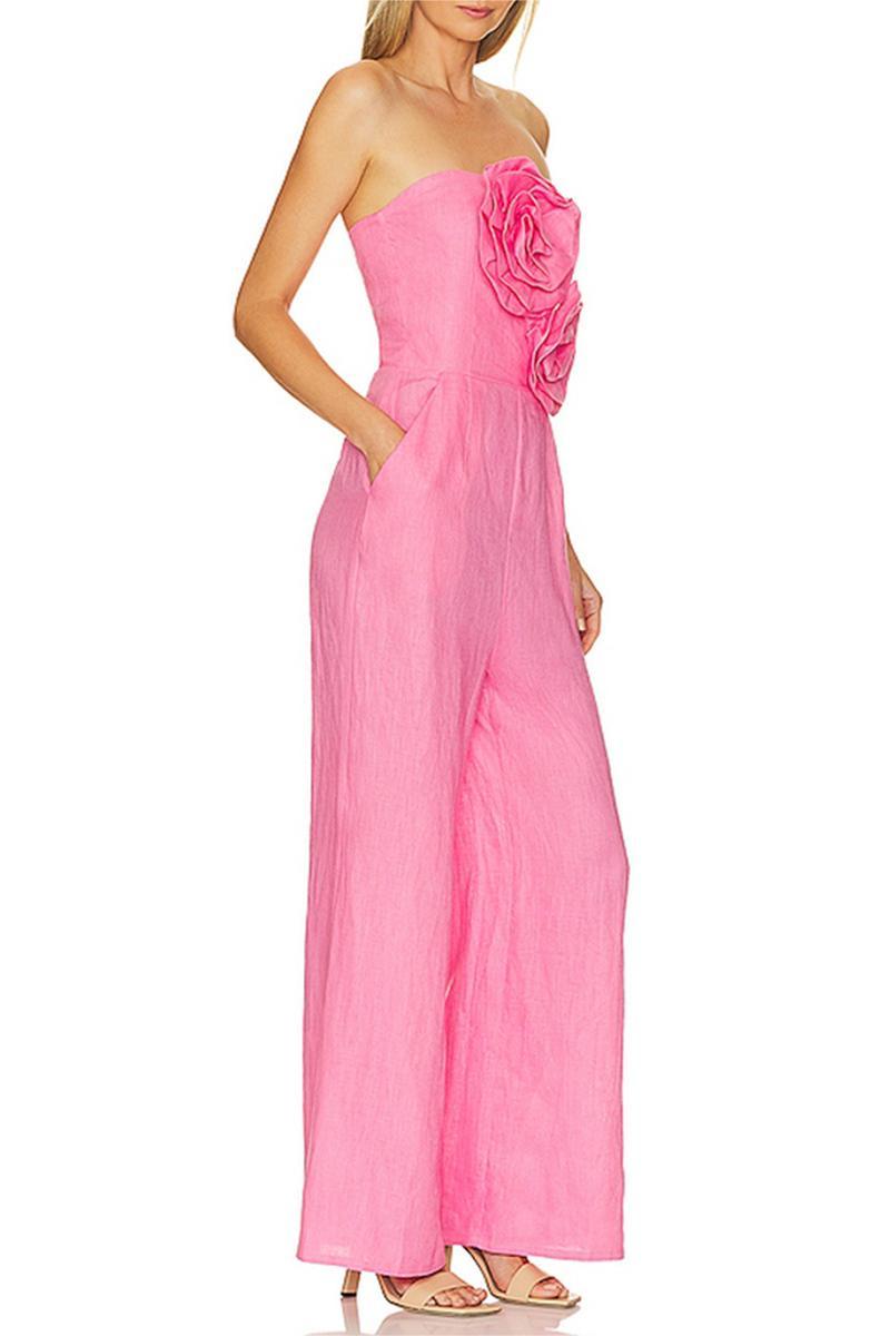 3D Flower Off-Shoulder Solid High Waist Jumpsuit