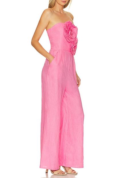 3D Flower Off-Shoulder Solid High Waist Jumpsuit