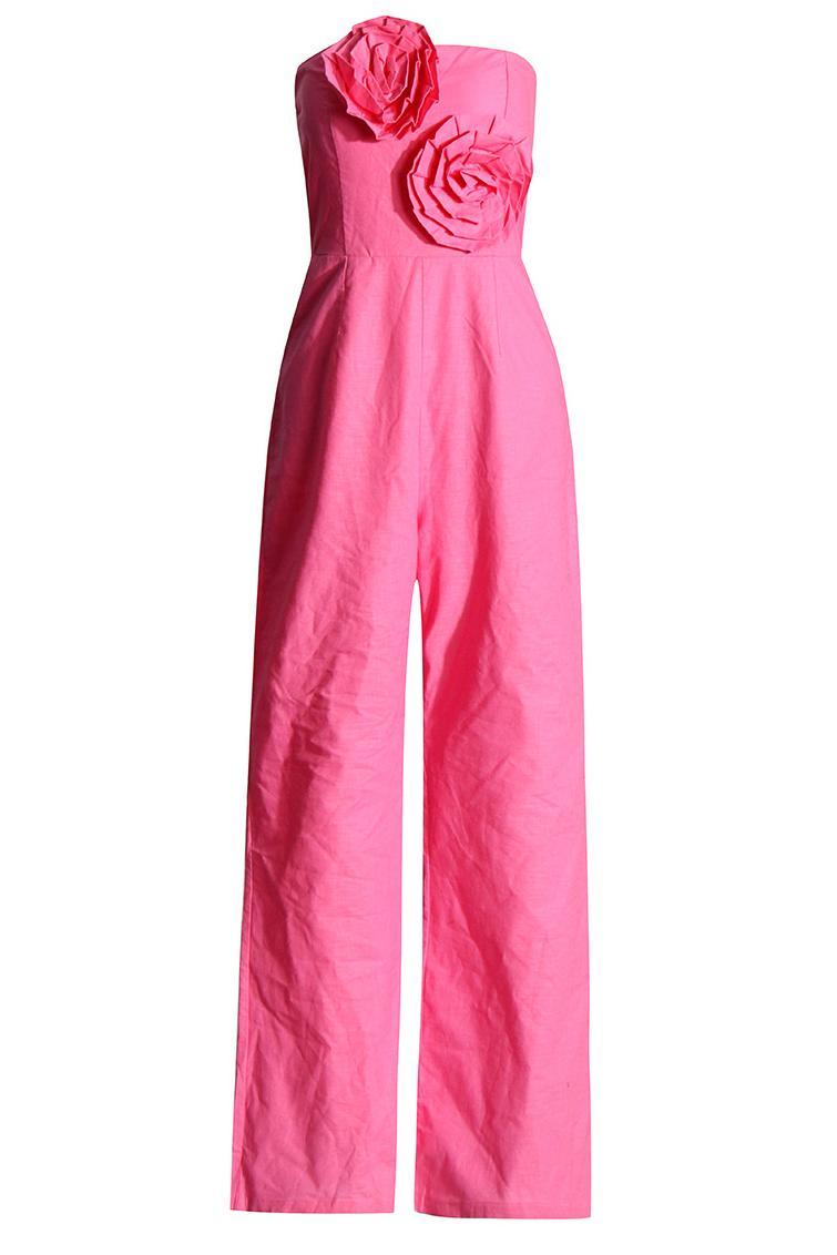 3D Flower Off-Shoulder Solid High Waist Jumpsuit