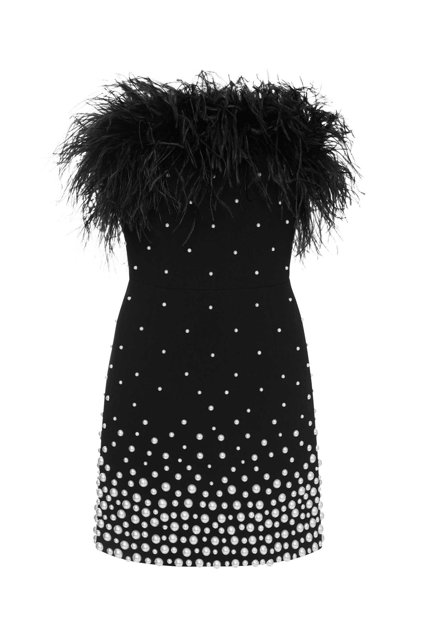 Off-Shoulder Feather Faux Pearl Bandage Mini Dress