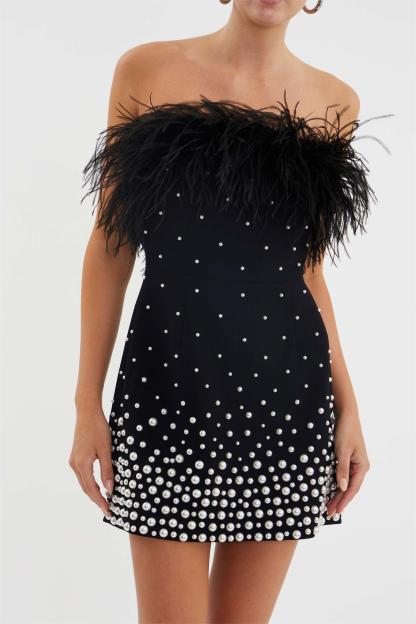 Off-Shoulder Feather Faux Pearl Bandage Mini Dress