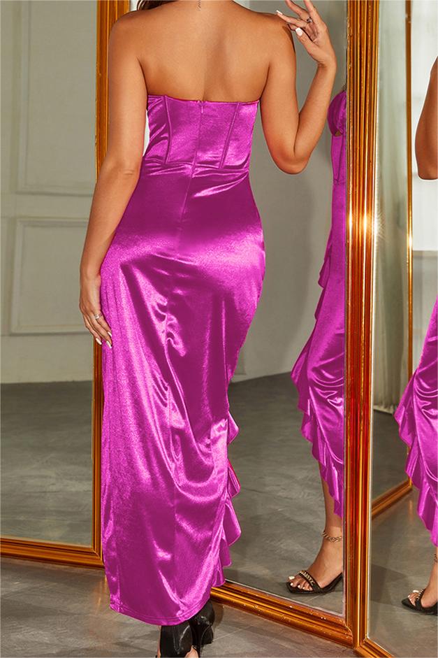 Satin Off-Shoulder Cut-Out Frill Split Midi Dress