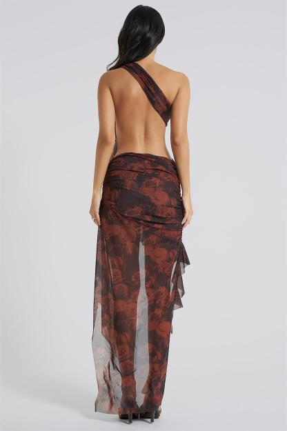 3D Flower Mesh Cut-Out Frill Midi Dress