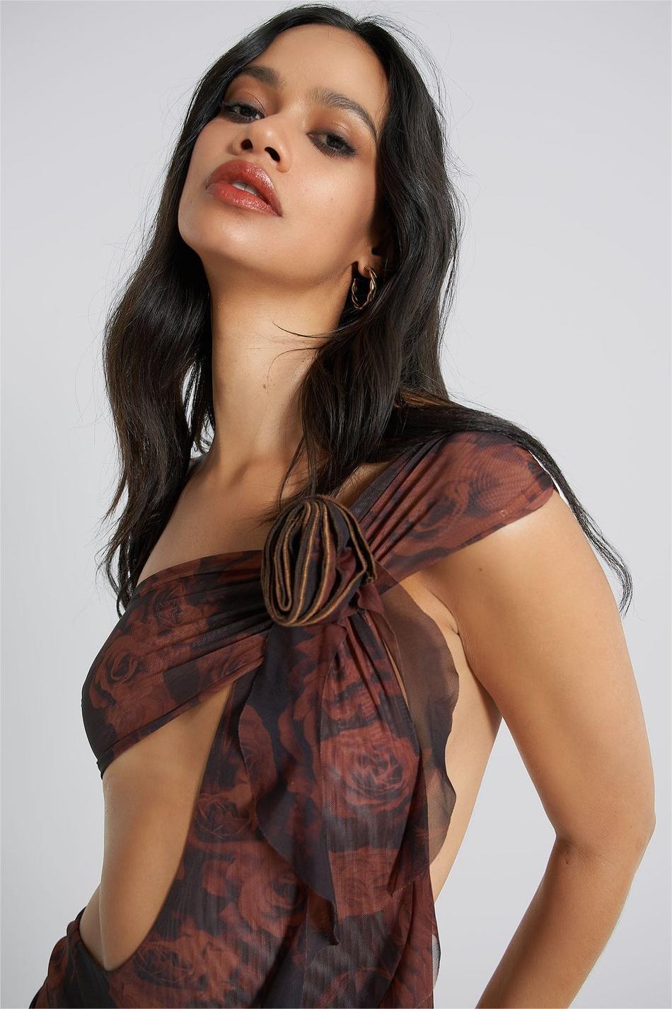 3D Flower Mesh Cut-Out Frill Midi Dress