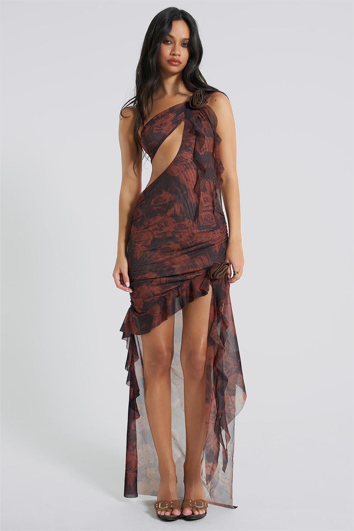 3D Flower Mesh Cut-Out Frill Midi Dress