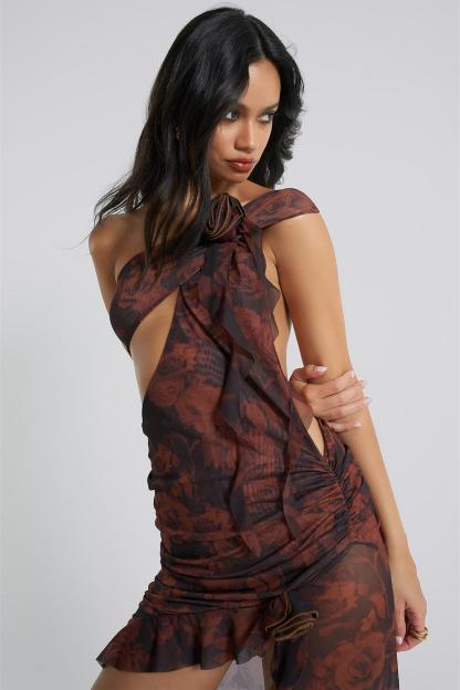 3D Flower Mesh Cut-Out Frill Midi Dress