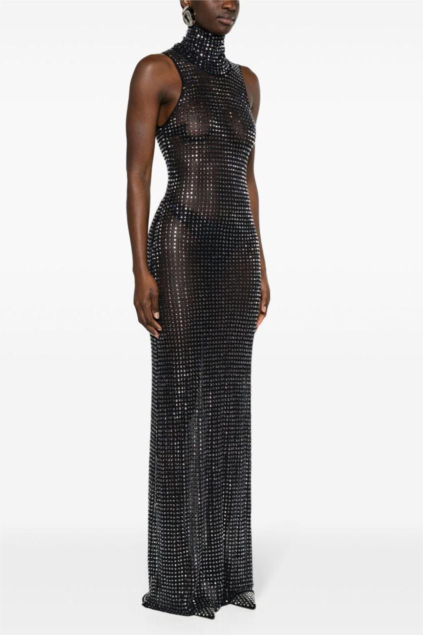 Rhinestone High Neck Sleeveless Midi Dress