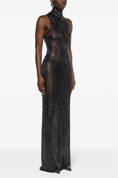 Rhinestone High Neck Sleeveless Midi Dress