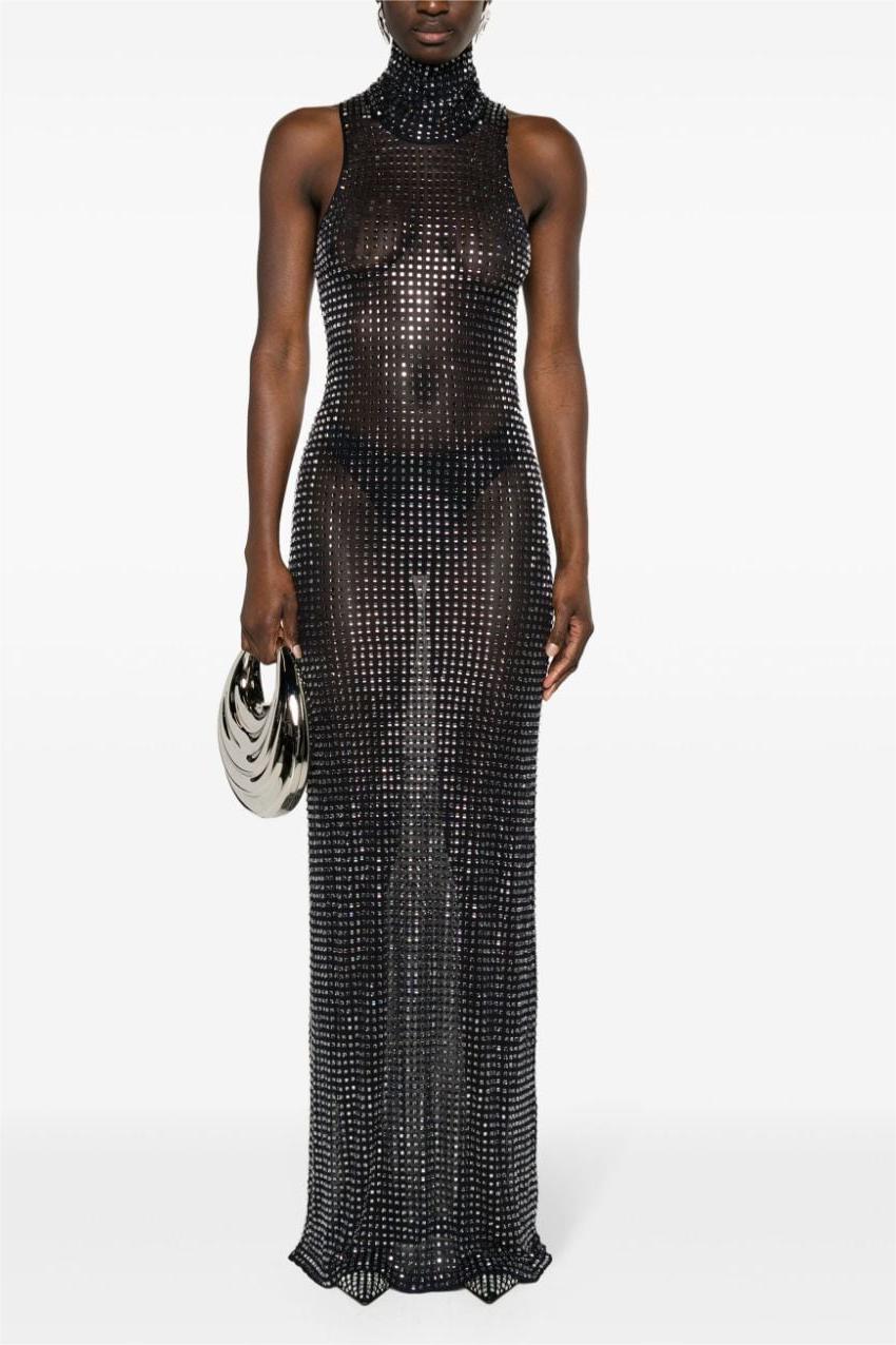 Rhinestone High Neck Sleeveless Midi Dress