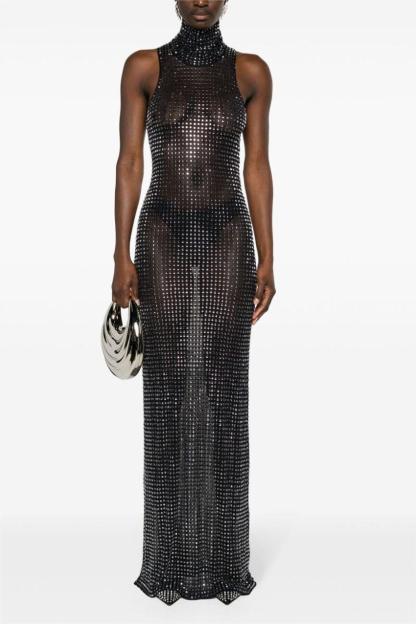 Rhinestone High Neck Sleeveless Midi Dress