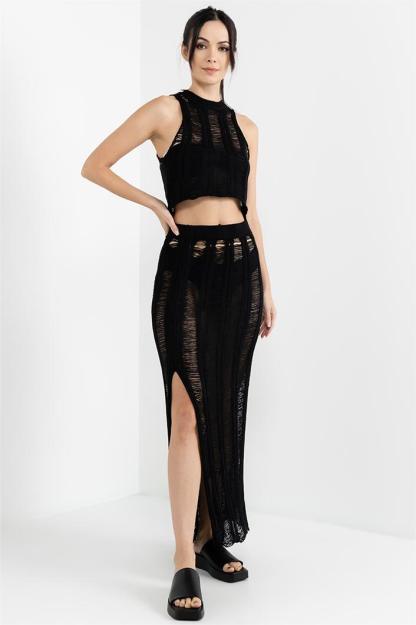 Solid Sleeveless Mini Top & Mid Waist Midi Skirt Set