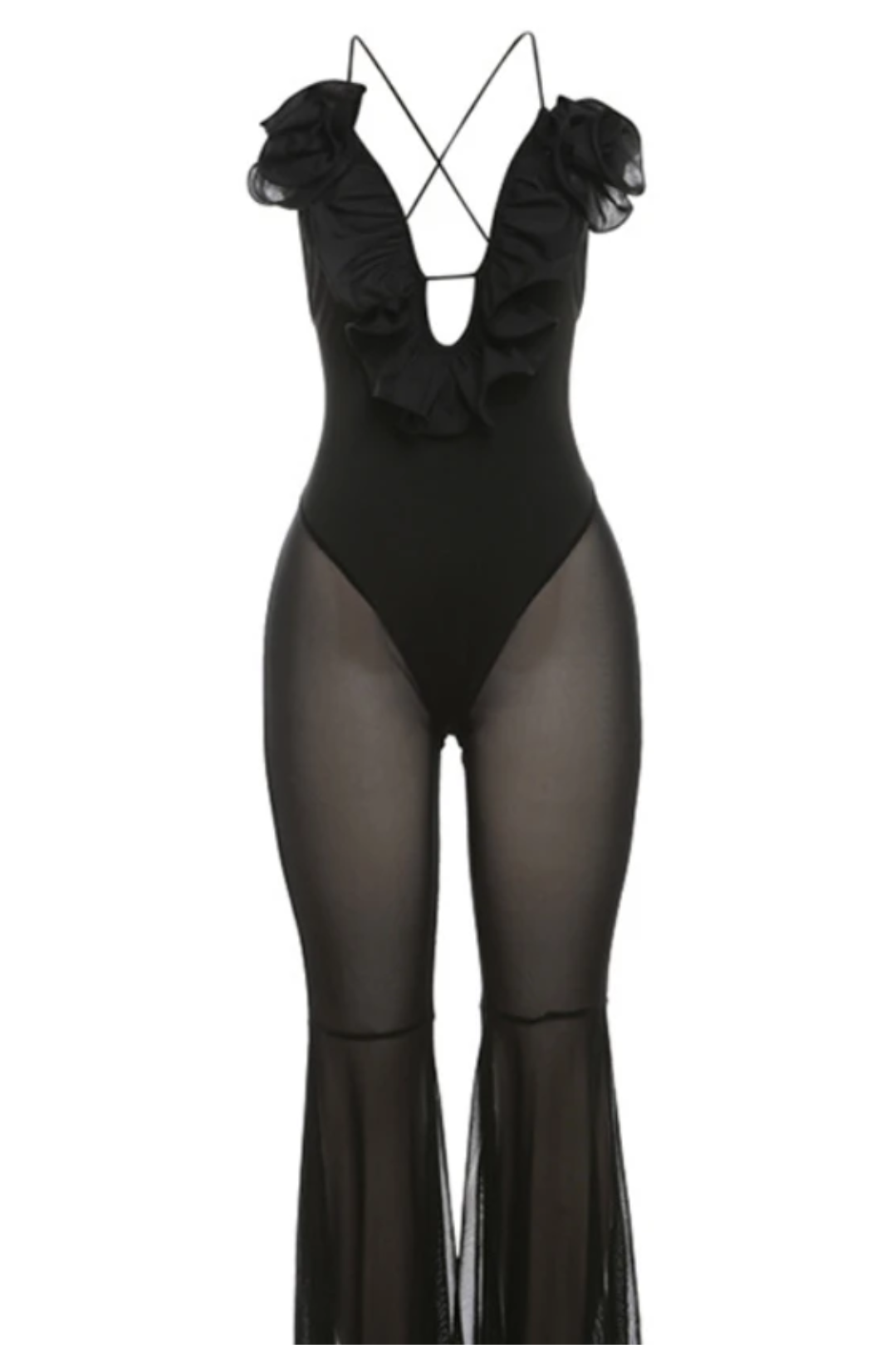 Mesh 3D Flower Backless Jumpsuit