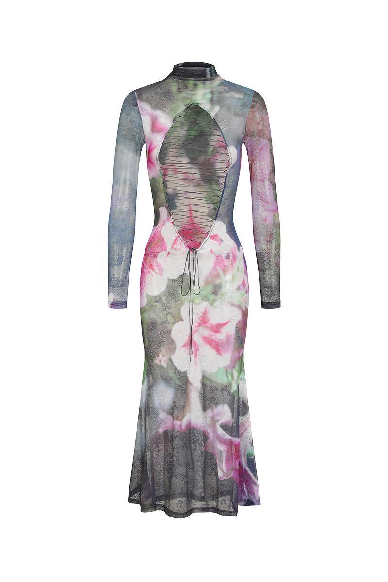 Mesh Floral Long Sleeve Midi Dress