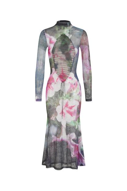 Mesh Floral Long Sleeve Midi Dress