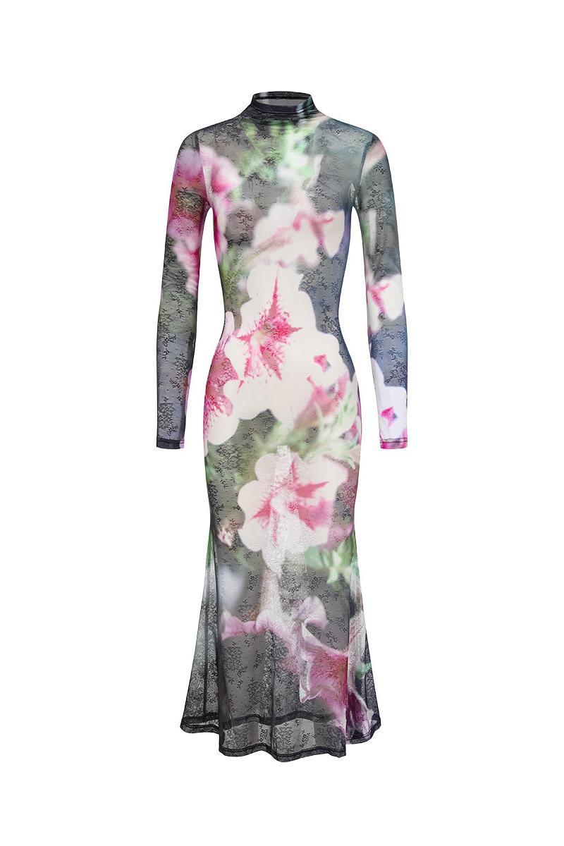 Mesh Floral Long Sleeve Midi Dress
