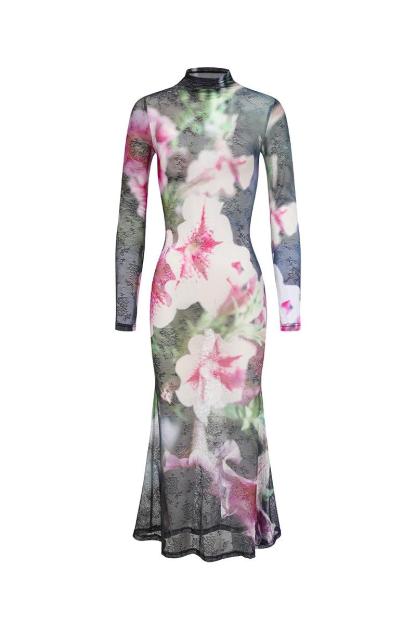 Mesh Floral Long Sleeve Midi Dress
