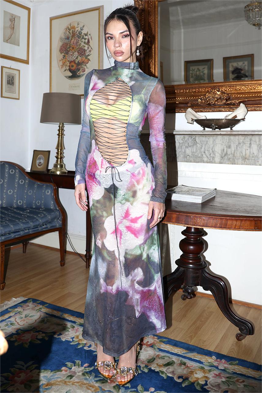 Mesh Floral Long Sleeve Midi Dress