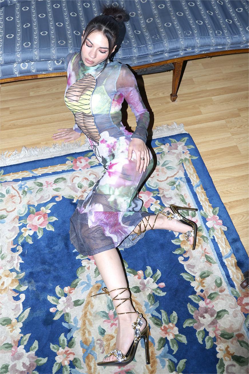 Mesh Floral Long Sleeve Midi Dress