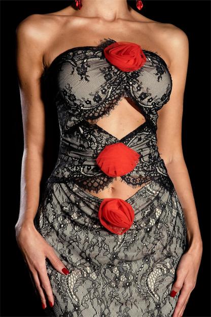 Lace 3D Flower Strapless Midi Dress