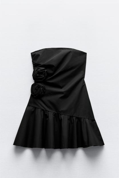 3D Flower Solid Strapless Mini Dress