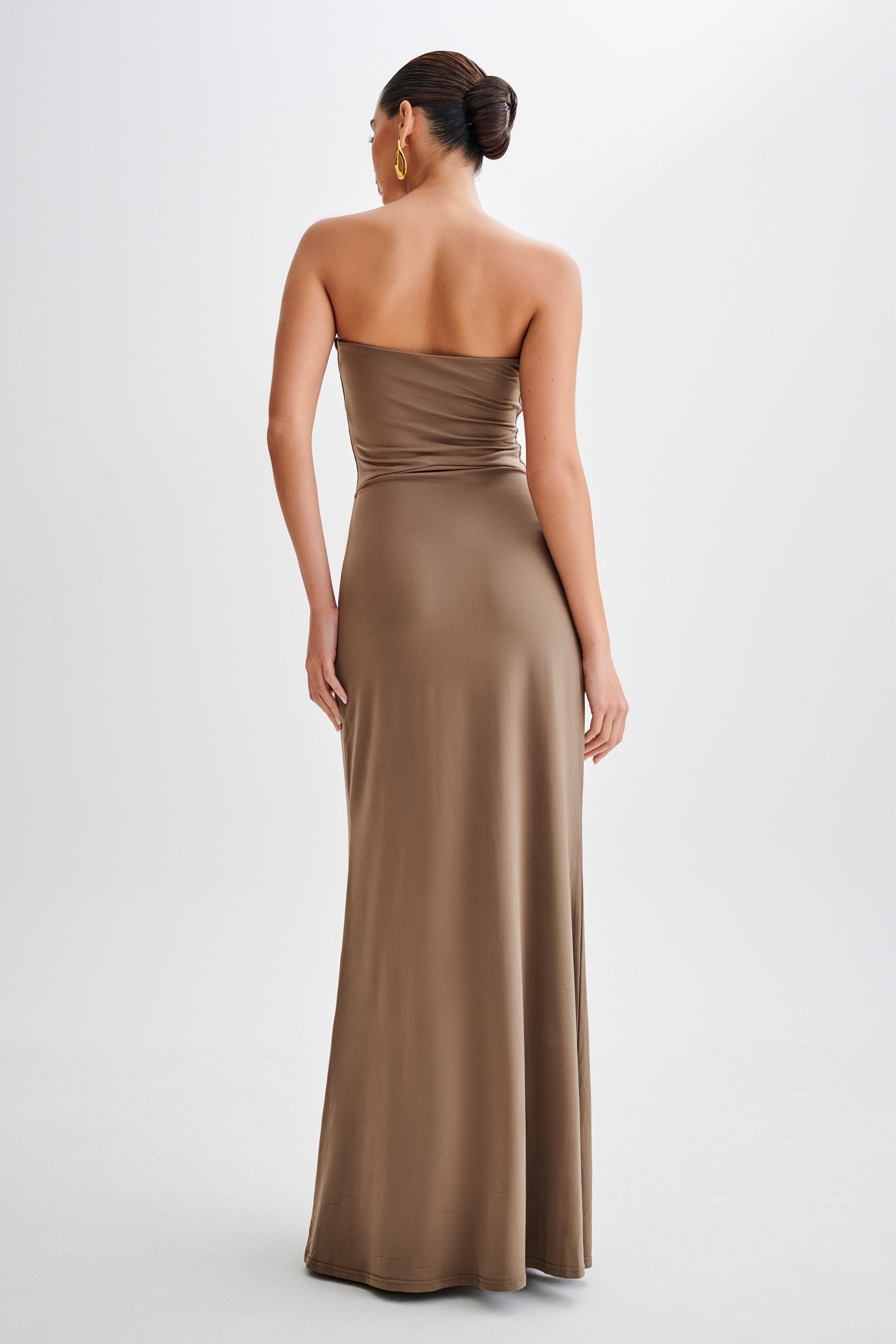 Solid Strapless Ruched Midi Dress