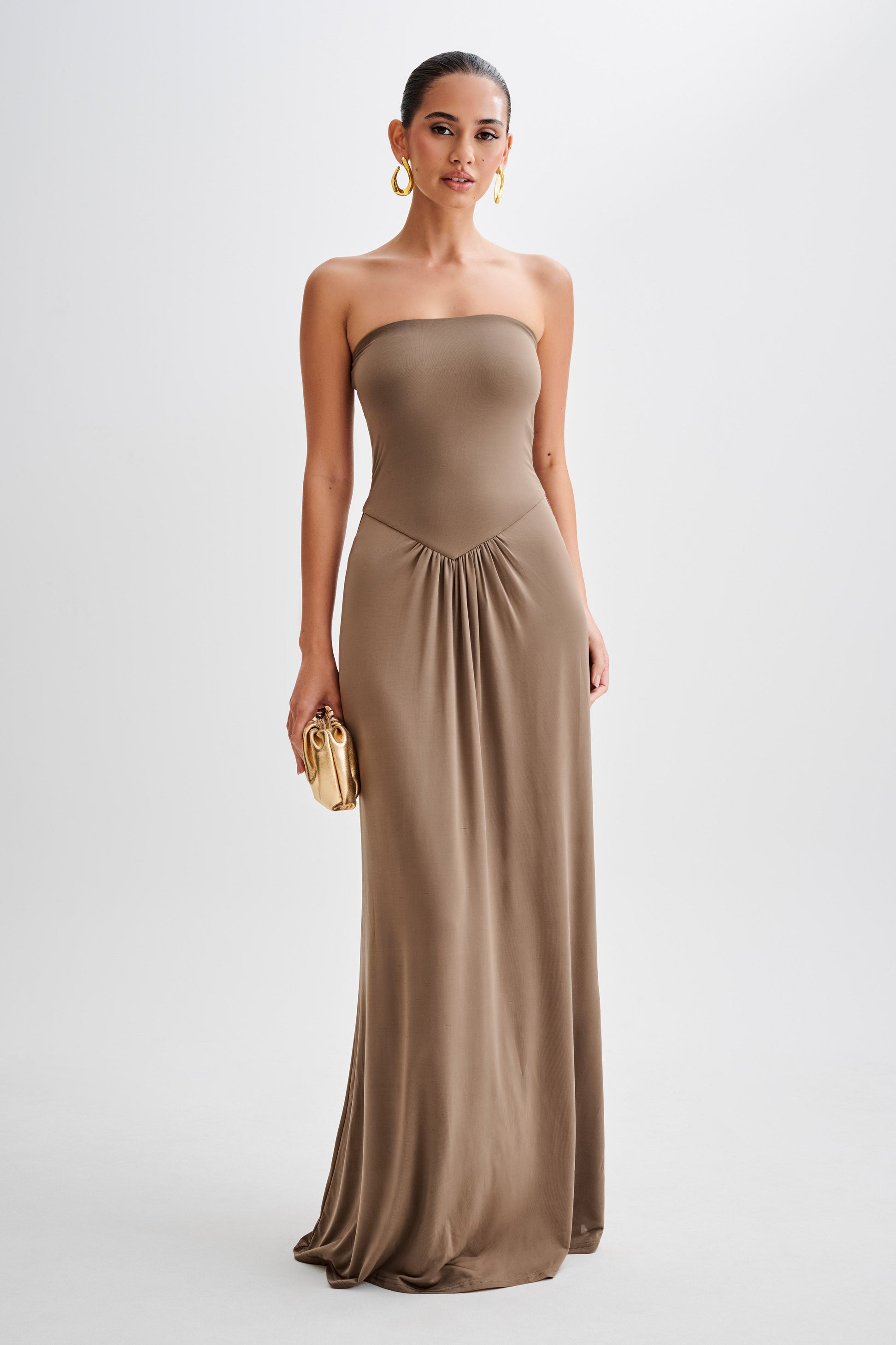 Solid Strapless Ruched Midi Dress