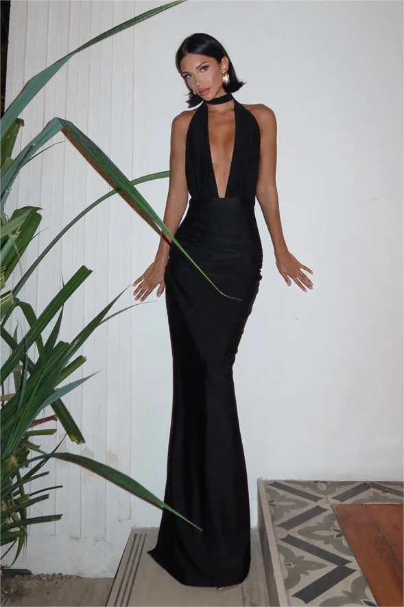 Solid V-Neck Lace Up Backless Midi Dress