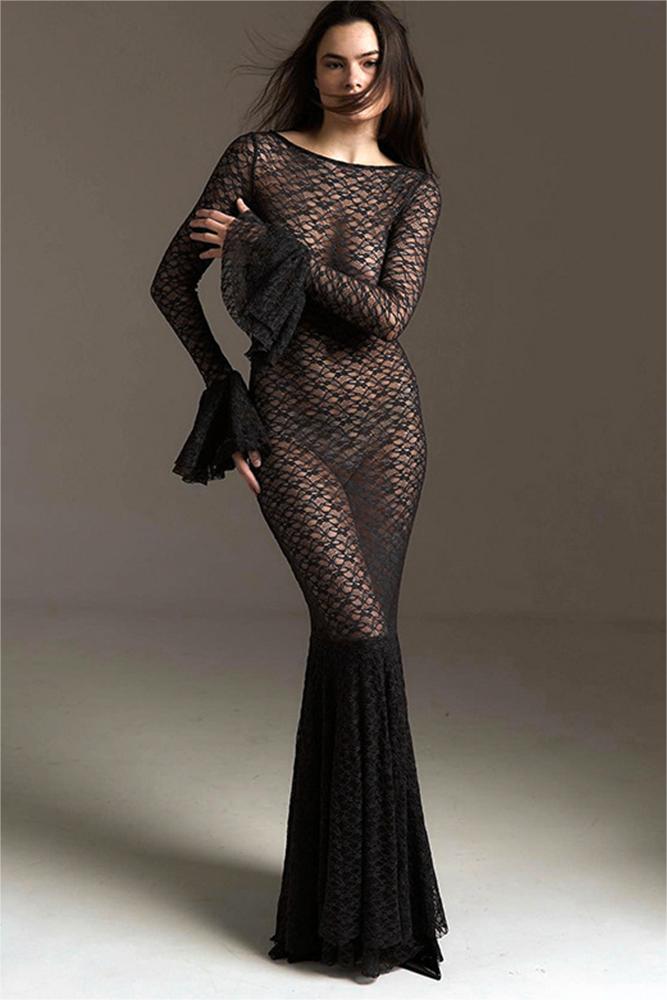 Solid Lace Long Sleeve Fishtial Maxi Dress