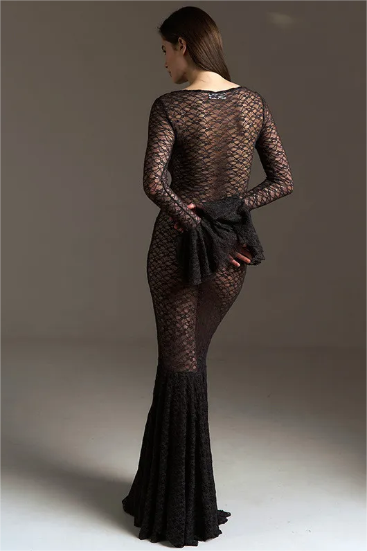 Solid Lace Long Sleeve Fishtial Maxi Dress