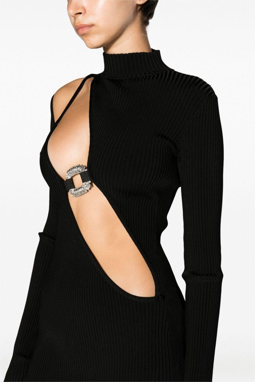 Knit Cut-Out Rhinestone Long Sleeve Midi Dress