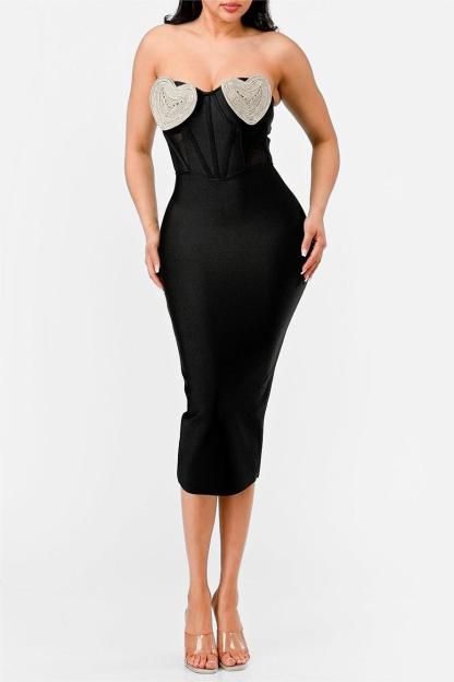 Heart Rhinestone Bandage Off-Shoulder Midi Dress