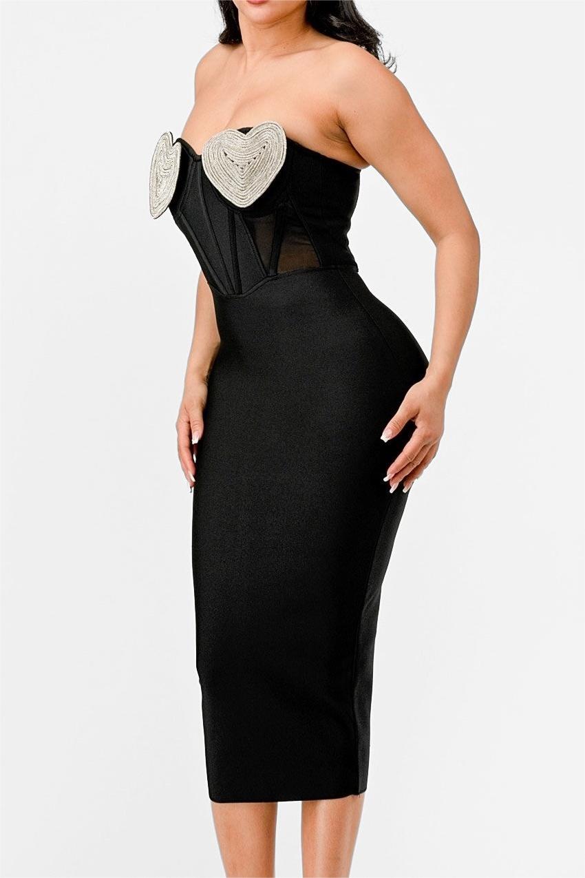 Heart Rhinestone Bandage Off-Shoulder Midi Dress