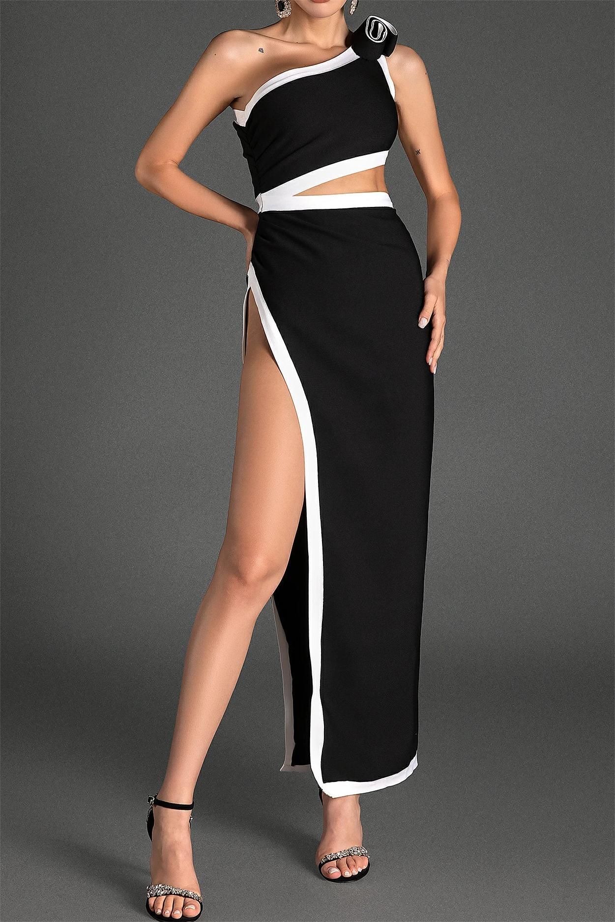 3D Flower Bandage Asymmetrical Split Midi Dress
