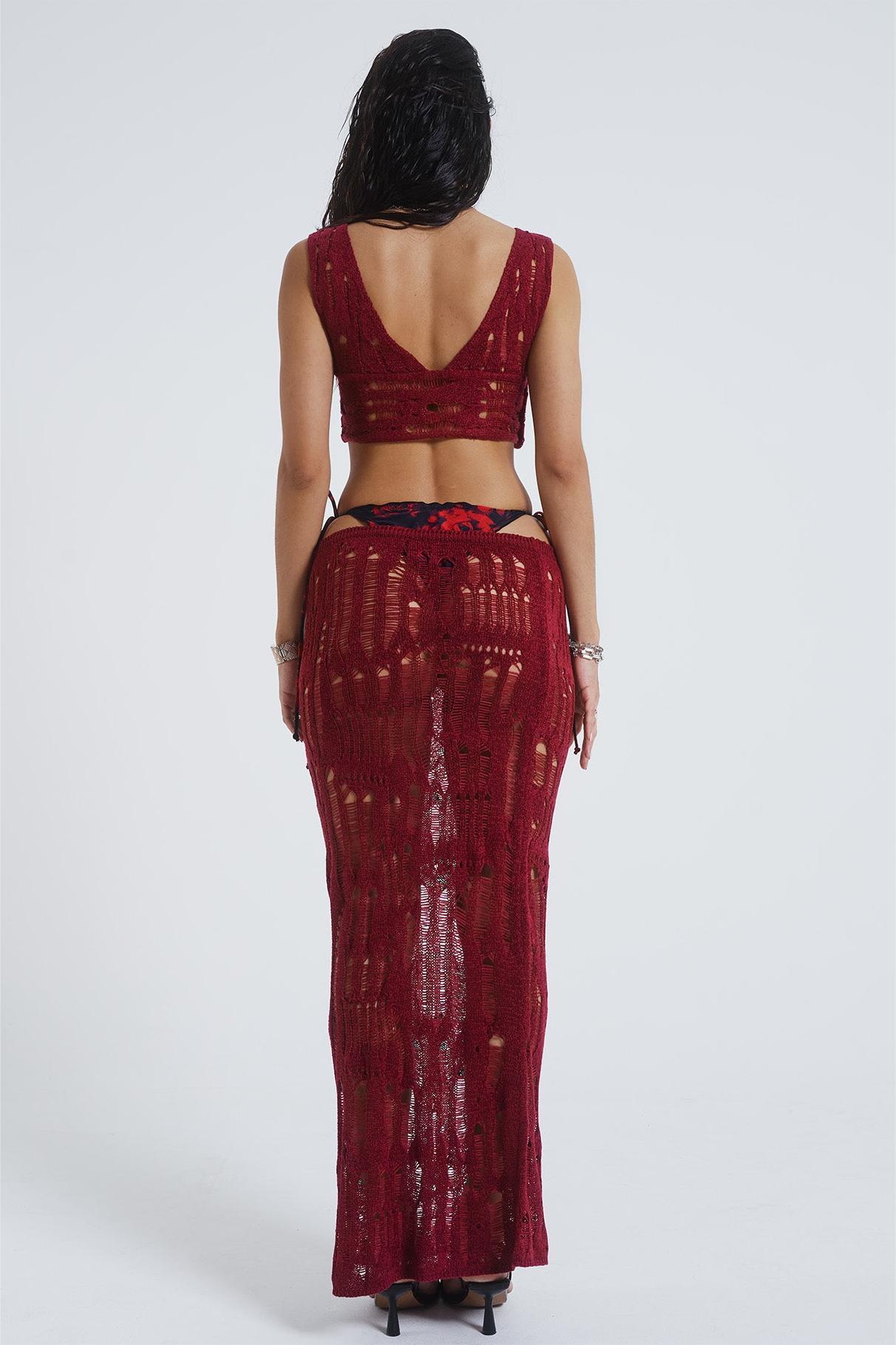 Knit Lace Up Top & Solid Low Waist  Midi Skirt Set