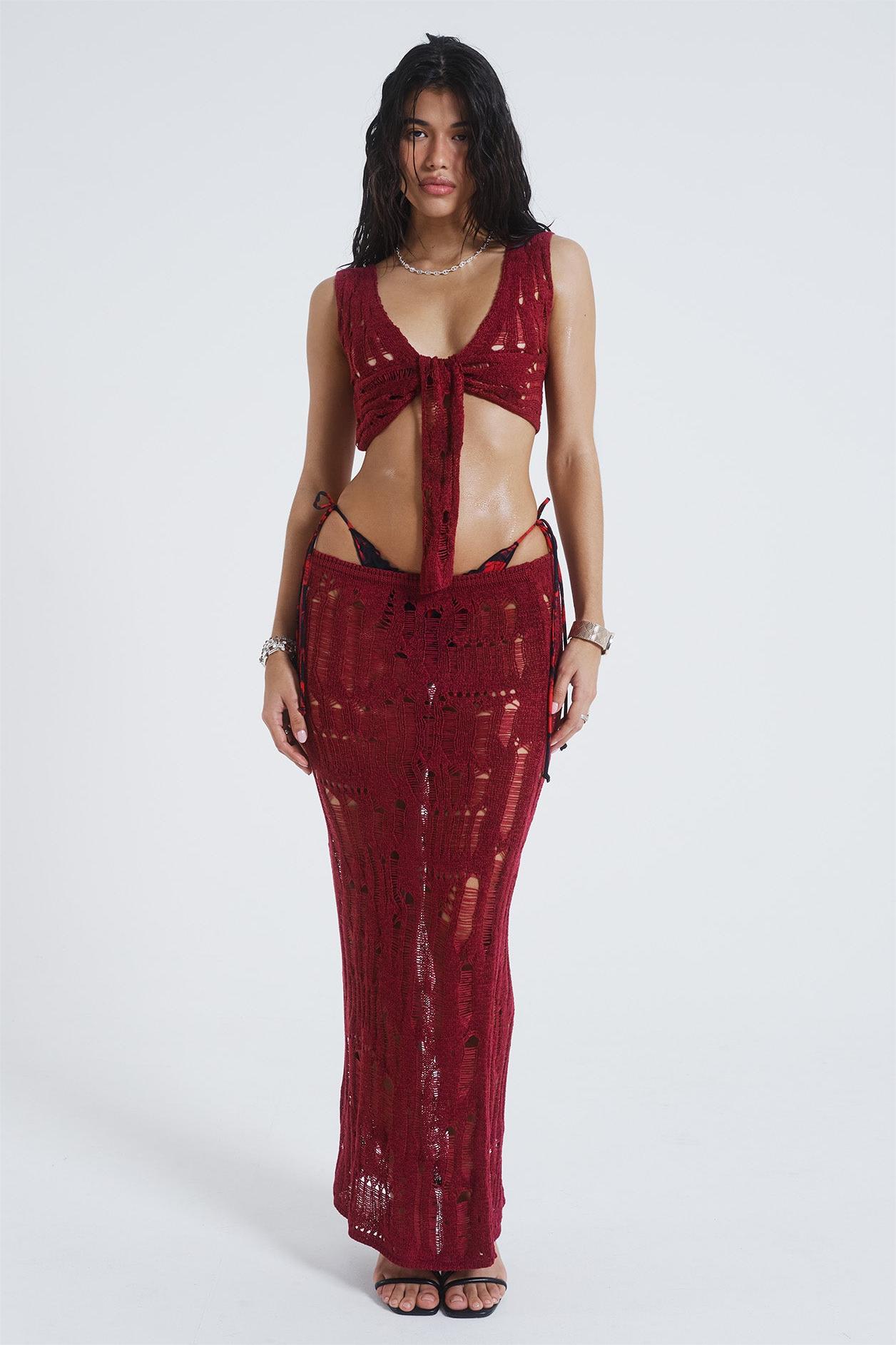 Knit Lace Up Top & Solid Low Waist  Midi Skirt Set