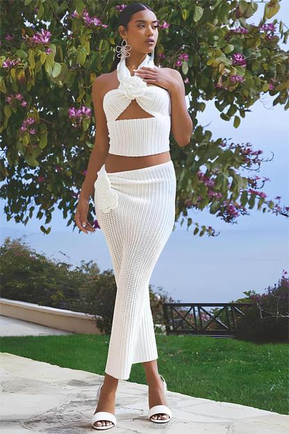 3D Flower Crochet Halter Neck Cut-Out Top & Low Waist Midi Skirt Set