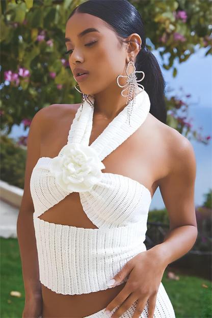 3D Flower Crochet Halter Neck Cut-Out Top & Low Waist Midi Skirt Set
