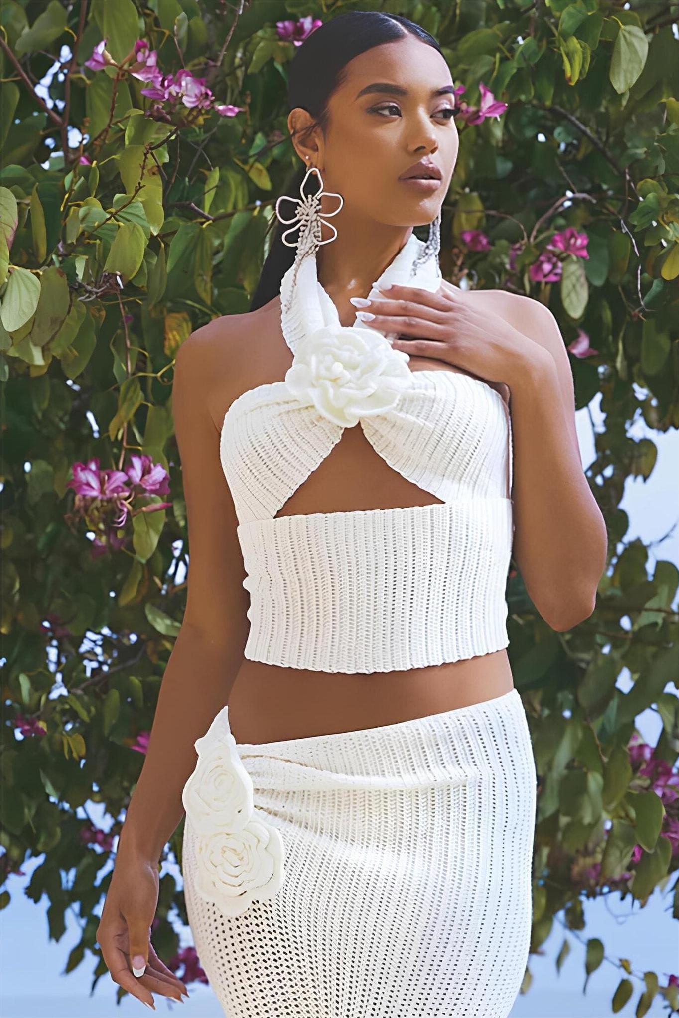 3D Flower Crochet Halter Neck Cut-Out Top & Low Waist Midi Skirt Set