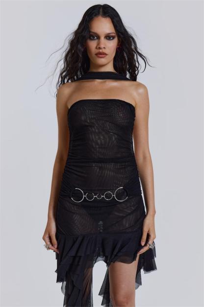 Mesh Halter Neck Frill Metal Rings Midi Dress