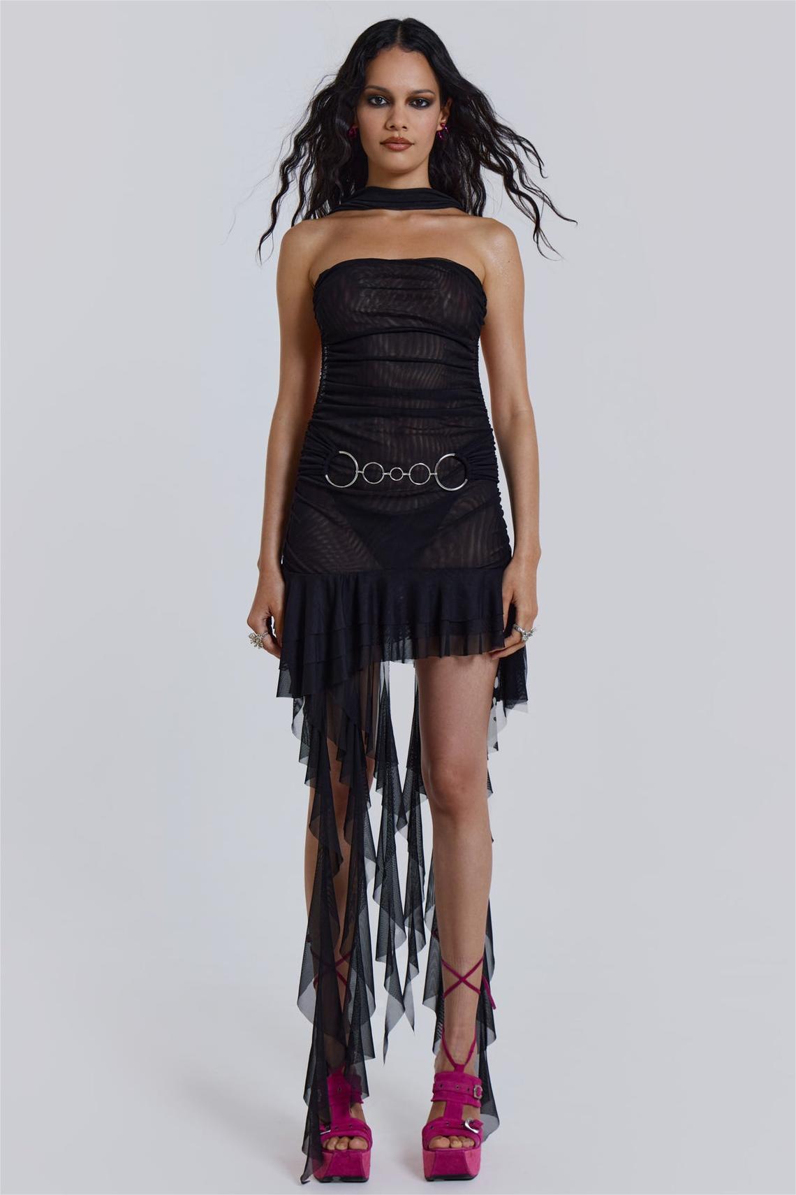 Mesh Halter Neck Frill Metal Rings Midi Dress