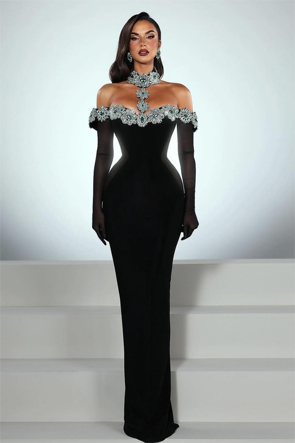 Rhinestone Off-Shoulder Bandage Maxi Dress With Gloves