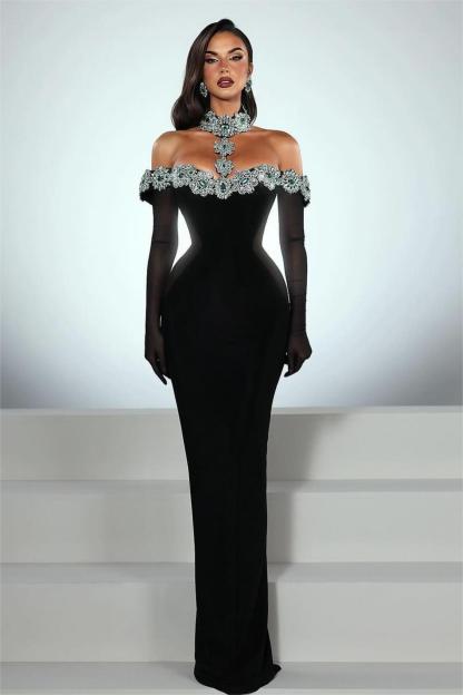 Rhinestone Off-Shoulder Bandage Maxi Dress With Gloves