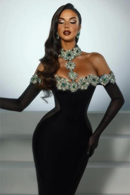 Rhinestone Off-Shoulder Bandage Maxi Dress With Gloves