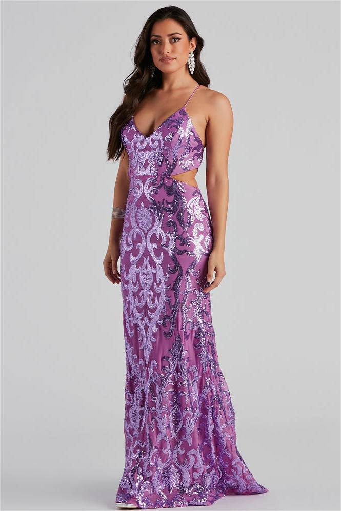 Sequin Backless Lace Up Maxi Dress