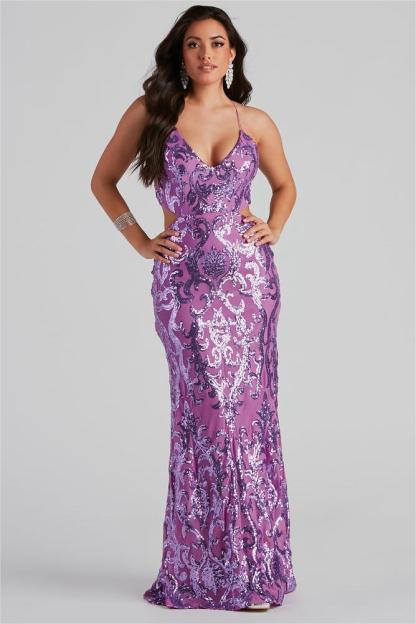 Sequin Backless Lace Up Maxi Dress