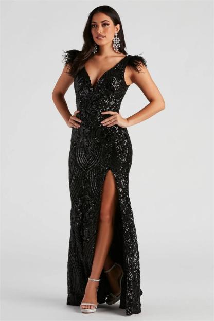 Sequin Feather Trimmed Split Maxi Dress