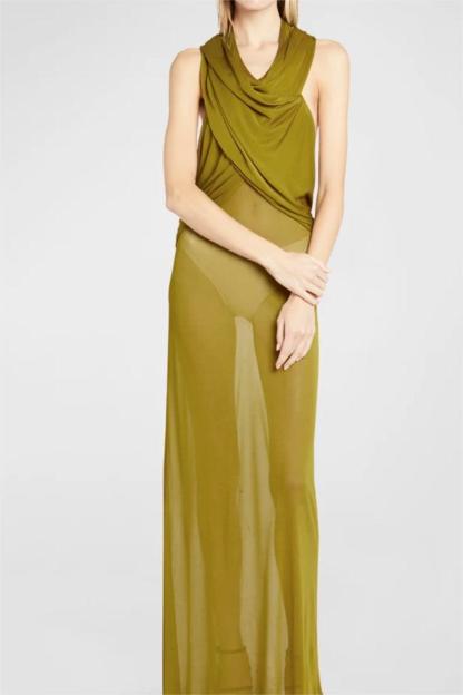 Solid Mesh Sleeveless With Draped Hood Maxi Dress