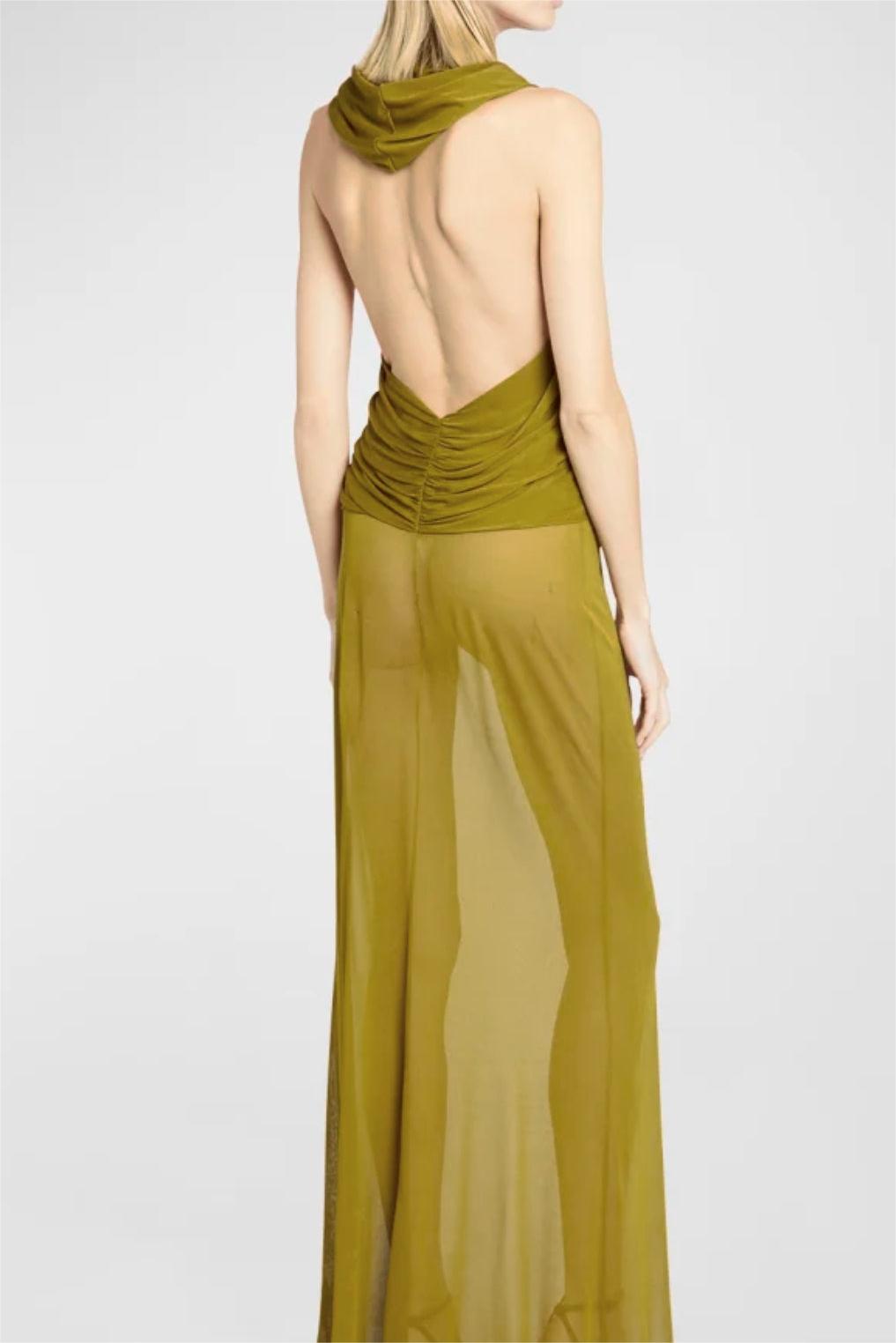 Solid Mesh Sleeveless With Draped Hood Maxi Dress